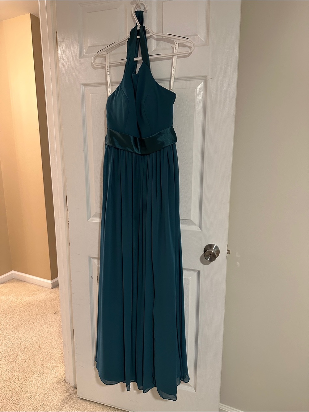Azazie halter teal dress with slit and pockets